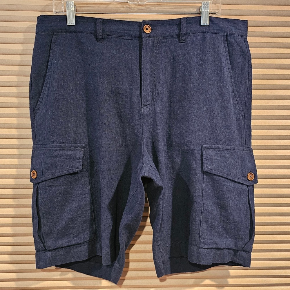 Five Four Mens Navy Blue Linen Cotton Cargo Shorts Size 34 Camo Lining Utility